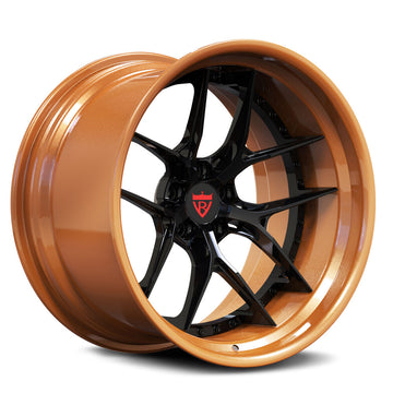 Custom forged deep dish wheels in copper finish with black spokes, perfect for Ford Mustang and custom applications.